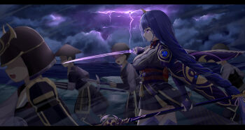 1girl armor blunt_bangs braid breasts bridal_gauntlets closed_mouth cloud cloudy_sky commentary electricity from_side genshin_impact hair_ornament highres holding holding_polearm holding_sword holding_weapon japanese_clothes katana kimono large_breasts lightning long_braid long_hair mitsudomoe_(shape) multiple_boys multiple_others musou_isshin_(genshin_impact) neck_ribbon outdoors polearm purple_eyes purple_hair purple_kimono raiden_shogun red_ribbon red_sash ribbon sash shoulder_armor single_braid sky skym_(kumei) solo_focus standing storm sword thighhighs tomoe_(symbol) upper_body weapon