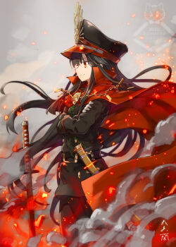 1girl belt black_belt black_hair cape crossed_arms fate/grand_order fate_(series) fire gabiran gloves hat katana long_hair military_hat oda_nobunaga_(fate) oda_nobunaga_(koha-ace) planted planted_sword planted_weapon red_cape red_eyes signature smile smoke sword weapon white_gloves