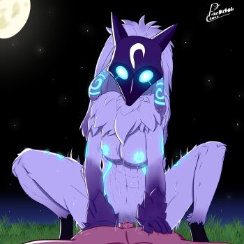 1girl absurdres baby_animal blush breasts colored_skin cowgirl_position furry furry_female furry_with_non-furry highres interspecies kindred_(league_of_legends) lamb lamb_(league_of_legends) large_breasts league_of_legends looking_at_viewer mask monster_girl nipples open_mouth penis protokebab pussy riot_games sex sheep straddling tail tongue tongue_out uncensored vaginal white_skin