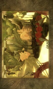 1boy abandoned animal_ears black_cloak black_hat black_sleeves border brown_hair bush buttons character_doll character_request checkered_floor cloak closed_mouth commentary conner_1017 cross-laced_clothes cross-laced_sleeves curtains degrees_of_lewdity doll dripping earrings eden_(degrees_of_lewdity) eden_(male)_(degrees_of_lewdity) expressionless floating_hair flower foliage green_eyes gwylan_(degrees_of_lewdity) gwylan_(male)_(degrees_of_lewdity) hair_between_eyes hand_on_own_cheek hand_on_own_face hat hat_flower head_tilt highres holding holding_doll hoop_earrings jewelry jordan_(degrees_of_lewdity) jordan_(male)_(degrees_of_lewdity) light_smile long_hair looking_at_doll looking_down male_focus moss ornate_border painterly player_character_(degrees_of_lewdity) player_character_(female)_(degrees_of_lewdity) power_lines red_flower red_rose ring rose ruins sidelocks sideways sleeves_past_wrists solo stage_curtains symbol-only_commentary tareme torn upper_body utility_pole very_long_hair wavy_hair witch_hat wolf_ears