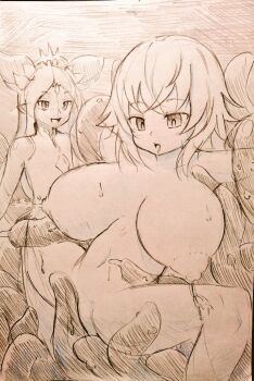 2girls alraune alraune_(grimms_notes) artist_request breasts grimms_notes huge_breasts long_hair magic_mirror_(grimms_notes) monochrome monster_girl multiple_girls nipples open_mouth plant_girl saliva smile source_request tentacles traditional_media