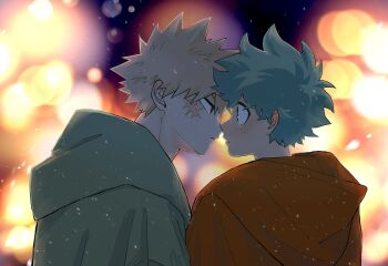 2boys 6_a_r_1 bakugou_katsuki blonde_hair blurry blurry_background blush boku_no_hero_academia commentary_request eye_contact facial_scar freckles green_eyes green_hair green_hoodie highres hood hood_down hoodie imminent_kiss light_particles looking_at_another male_focus midoriya_izuku multiple_boys parted_lips red_eyes red_hoodie scar scar_on_cheek scar_on_face short_hair spiked_hair yaoi