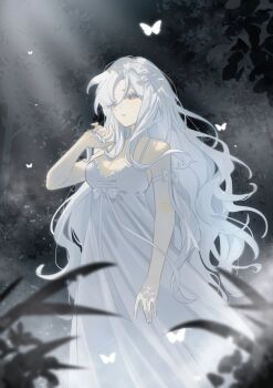 Rule 34 | 1girl, arm strap, arm up, bare shoulders, breasts, bug, butterfly, chinese commentary, cleavage, commentary request, dress, dress straps, feet out of frame, forest, grey eyes, highres, holding, holding own hair, insect, large breasts, long dress, long hair, looking at viewer, nature, original, outdoors, parted lips, ribbon, sleeveless, sleeveless dress, solo, standing, white butterfly, white dress, white hair, white ribbon, yixiaoyi