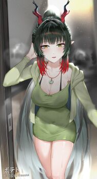 1girl absurdres alternate_costume alternate_hairstyle arknights arknights:_endfield bilingual_commentary black_hair breasts cleavage covered_navel dragon_girl dragon_horns dress eastern_dragon_horns feet_out_of_frame gradient_hair green_dress green_eyes green_jacket high_ponytail highres hood hooded_jacket horns isuwaaaa jacket large_breasts long_hair long_sleeves looking_at_viewer mixed-language_commentary multicolored_hair open_mouth pointy_ears ponytail red_hair solo twitter_username two-tone_hair very_long_hair zhuang_fangyi_(arknights)