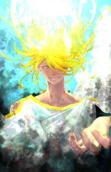 1boy absurdres blonde_hair blue_background cape collarbone commentary_request floating_hair grin hair_over_one_eye highres looking_at_viewer male_focus narrowed_eyes nintendo offering_hand pokemon pokemon_legends:_arceus smile solo upper_body volo_(pokemon) white_cape yuushi_(10yusi01)