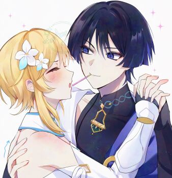 1boy 1girl absurdres aqua_flower arrow_(symbol) artist_name avesaoi bare_shoulders black_bodysuit black_hair blonde_hair blue_trim blunt_ends blush bodysuit bridal_gauntlets cape closed_eyes closed_mouth couple covered_collarbone detached_sleeves eyelashes eyeliner eyeshadow fingernails flower food food_in_mouth genshin_impact hair_flower hair_intakes hair_ornament hand_on_another&#039;s_back hetero highres holding_hands incoming_pocky_kiss interlocked_fingers japanese_clothes kimono looking_at_another lumine_(genshin_impact) makeup mandarin_collar multicolored_flower multicolored_hair open_mouth pocky pocky_day pocky_in_mouth purple_cape purple_eyes purple_hair red_eyeliner red_eyeshadow scaramouche_(genshin_impact) scarf short_hair short_hair_with_long_locks shoulder_blush shoulder_peek sidelocks smile streaked_hair vambraces wanderer_(genshin_impact) watermark white_background white_flower white_kimono white_scarf white_sleeves