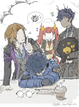 Rule 34 | 1girl, 1other, 3boys, aedd (e.g.o), alternate universe, alyssa (project moon), ardor blossom star (e.g.o), armband, big bird (project moon), bird, black bird, black coat, black gloves, black hair, black jacket, black necktie, black pants, black shirt, blue coat, blue hair, blue necktie, box, brown hair, bug, butterfly, coat, coffee, commentary, curtained hair, e.g.o (project moon), english commentary, faceless, faceless female, faceless male, fiery hair, finger to mouth, gift, gift box, gloves, highres, hohenheim (project moon), insect, jacket, johann (project moon), kalliope orc, lantern (e.g.o), leaning forward, limbus company, long hair, marton (project moon), multiple boys, necktie, pants, project moon, red hair, red necktie, round eyewear, shirt, short hair, shushing, sleeping, smile, spoken object, suit jacket, twintails, unworn eyewear, white background, white jacket, white shirt, yellow eyes, yellow jacket