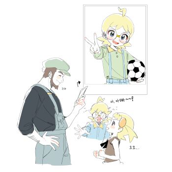 1girl 2boys :d absurdres aged_down ahoge arm_hair arrow_(symbol) beard black_shirt blonde_hair bonnie_(pokemon) brown_hair brown_shirt clemont_(pokemon) commentary_request facial_hair family glasses green_hat grey_overalls hat highres holding holding_photo korean_commentary korean_text meyer_(pokemon) multiple_boys nintendo open_mouth overalls photo_(object) pokemon pokemon_xy pokesudal round_eyewear shirt short_hair smile spread_fingers three-quarter_sleeves