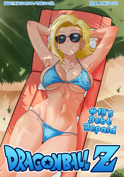 1girl android_18 arms_behind_head artist_name beach bikini blonde_hair blue_bikini breasts chair closed_mouth commentary copyright_name cowboy_shot dragon_ball gurinsensei highres large_breasts looking_at_viewer lounge_chair navel patreon_username short_hair stomach sunglasses swimsuit twitter_username twitter_x_logo