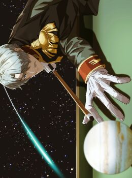 1boy ball billiard_ball billiards challia_bull comet cue_stick epaulettes facial_hair gloves grey_eyes grey_hair gundam gundam_gquuuuuux hair_over_one_eye holding holding_cue_stick jacket jupiter_(planet) long_sleeves looking_at_viewer male_focus military_jacket military_uniform mustache short_hair sideways solo space star_(sky) table zerozany