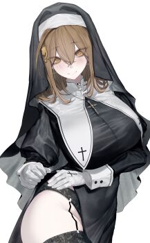1girl absurdres alternate_costume anis_(nikke) black_dress black_garter_straps black_panties black_thighhighs black_veil blonde_hair blush breasts closed_mouth collar cross cross_necklace dress dutch_angle garter_straps gloves goddess_of_victory:_nikke hair_between_eyes highres houh888 jewelry large_breasts long_hair looking_at_viewer necklace nun panties side_slit smile solo textless_version thighhighs underwear veil white_collar white_gloves yellow_eyes