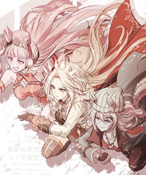 ahoge animal_ears beanie blue_eyes blunt_bangs bow bowtie breasts brown_hair brown_hat dice dice_necklace dress ear_bow ear_covers ear_ornament ear_ribbon ears_back ears_through_headwear eyewear_strap gloves gold_ship_(red_strife)_(umamusume) gold_ship_(umamusume) grey_hair grey_hat hair_between_eyes hair_intakes hat highres horse_ears horse_girl horse_tail horseshoe_ornament jacket jewelry long_hair long_sleeves multicolored_hair multiple_girls nakayama_festa_(shichuukyuukatsu)_(umamusume) nakayama_festa_(umamusume) necklace open_mouth orange_hair orfevre_(control)_(umamusume) orfevre_(umamusume) pillbox_hat purple_bow purple_eyes red_dress shirt single_ear_cover smile stay_gold_clan_(umamusume) striped_hat tail two-tone_hair umamusume white_hair yue_(lov_n_n)