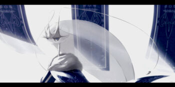1girl animal_hands antennae arthropod_girl artist_name blue_cloak blue_pupils cloak closed_mouth clothed_pokemon expressionless eyelashes female_focus fur-trimmed_cloak fur_collar fur_trim furry furry_female gen_7_pokemon grey_eyes hand_on_own_chest hand_up highres iogi_(iogi_k) light_rays long_hair looking_at_viewer nintendo pheromosa pokemon pokemon_(creature) solo standing translucent_hair ultra_beast upper_body white_hair