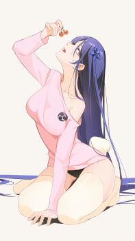 1girl alternate_costume arm_up blunt_bangs breasts cherry collarbone commentary electro_symbol_(genshin_impact) flower flower_ornament food from_side fruit full_body genshin_impact grey_background hair_down hair_flower hair_ornament highres holding holding_food incoming_food leaning_forward long_hair long_sleeves looking_up mc-sm mitsudomoe_(shape) mixed-language_commentary no_pants open_mouth pink_lips pink_shirt purple_eyes purple_hair rabbit_girl rabbit_pose rabbit_tail raiden_shogun shade shirt single_bare_shoulder single_off_shoulder sitting solo tail thighhighs thighs tomoe_(symbol) wariza yellow_thighhighs