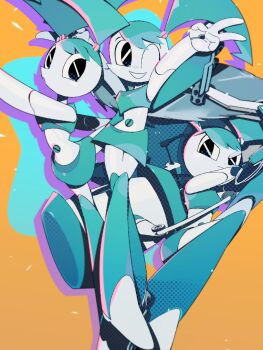 1girl arm_up black_eyes blue_footwear blue_hair blue_shirt blue_skirt boots circular_saw closed_mouth colored_skin crop_top crossed_legs drop_shadow female_focus full_body grey_skin grin hair_ornament half-closed_eyes happy highres humanoid_robot idkuroi jenny_wakeman joints leg_up looking_at_viewer miniskirt multiple_views my_life_as_a_teenage_robot navel one_eye_closed orange_background outstretched_arm robot robot_girl robot_joints saw screw shirt skirt sleeveless sleeveless_shirt smile standing standing_on_one_leg stomach swept_bangs teeth thigh_boots toy_hammer twintails v wink y2k_fashion