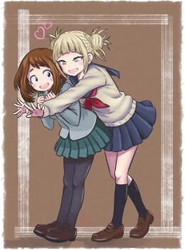 2girls absurdres blonde_hair boku_no_hero_academia border brown_hair cardigan commentary double_bun elementary_(lolipope) hair_bun heart highres loafers multiple_girls open_mouth pantyhose pleated_skirt school_uniform serafuku shoes skirt smile socks toga_himiko transparent_border uraraka_ochako yellow_eyes