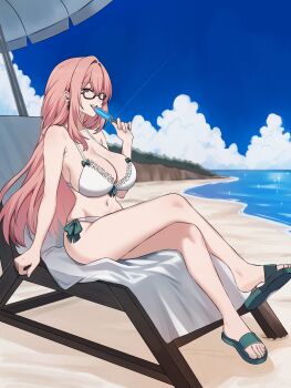 1girl absurdres beach bikini breasts chair cleavage commentary crossed_legs earrings food glasses hair_between_eyes highres holding holding_food holding_ice_cream ice_cream jewelry large_breasts long_hair looking_at_viewer navel on_chair open_mouth outdoors pink_eyes pink_hair sand sandals senapops sidelocks sitting smile solo swimsuit teeth thighs towel tsukishiro_yanagi upper_teeth_only white_bikini zenless_zone_zero