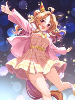 1girl ahoge animal_ears belt blush bow breasts brown_hair commentary_request copano_rickey_(casual)_(umamusume) copano_rickey_(umamusume) double_bun dress ear_covers hair_between_eyes hair_bun highres horse_ears horse_girl horse_tail jacket large_breasts long_hair long_sleeves looking_at_viewer mismatched_ear_covers multicolored_hair open_clothes open_jacket open_mouth pink_jacket purple_eyes smile solo tail thumbs_up tsukiyuki_mike umamusume white_hair yellow_belt yellow_bow yellow_dress