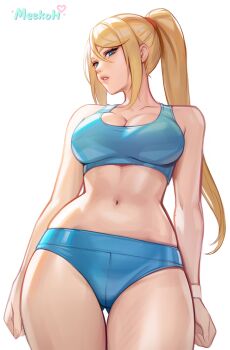 1girl artist_name blonde_hair blue_buruma blue_eyes blue_sports_bra breasts buruma cleavage collarbone commentary cowboy_shot crop_top gluteal_fold high_ponytail highres large_breasts long_hair looking_at_viewer meekohopanes metroid midriff navel nintendo parted_lips ponytail samus_aran simple_background solo sports_bra stomach thigh_gap thighs very_long_hair white_background