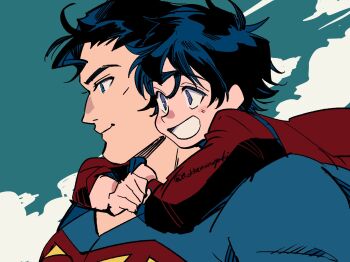 2boys arms_around_neck black_hair blue_bodysuit blue_eyes bodysuit child closed_mouth cloud dc_comics father_and_son from_side grin highres hokkemaruyaki long_sleeves male_focus multiple_boys sky smile superboy superhero_costume superman superman_(series) superman_logo teeth twitter_username upper_body