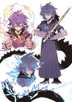 1girl absurdres anger_vein aura burning_godzilla claws clenched_hands colored_skin delinquent eyes_visible_through_hair freckles glowing glowing_eyes godzilla godzilla:_king_of_the_monsters godzilla_(series) grey_hair grey_skin highres kaiju karasu_raven kendo_sword legendary_pictures long_skirt looking_at_viewer monster_girl monsterverse multicolored_hair multiple_views personification sailor_collar simple_background skirt spiked_tail spines standing sukeban tail toho two-tone_hair