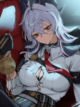 1girl armband black_armband black_bra black_choker black_gloves black_horns bra bra_peek breasts button_gap choker curled_horns gloves grey_hair hair_between_eyes highres hirosenpai horns large_breasts long_hair looking_at_viewer mole mole_under_eye multicolored_hair necktie red_necktie shirt shirt_tucked_in sitting solo streaked_hair underwear white_shirt wuthering_waves zani_(wuthering_waves)