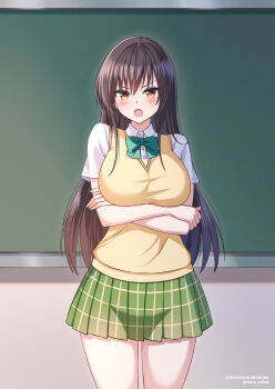 1girl black_hair blush bow bowtie breasts brown_eyes chalkboard classroom collared_shirt commentary commission crossed_arms english_commentary green_bow green_bowtie green_skirt highres indoors kotegawa_yui large_breasts long_hair looking_at_viewer maru.selinn open_mouth plaid_clothes plaid_skirt sainan_high_school_uniform school_uniform shirt short_sleeves skirt solo standing summer_uniform sweater_vest to_love-ru twitter_username v-shaped_eyebrows white_shirt yellow_sweater_vest