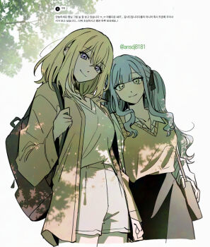 Rule 34 | 2girls, bak pep, bang dream!, bang dream! it's mygo!!!!!, black ribbon, blonde hair, blue hair, brown sweater vest, closed mouth, commentary, dappled sunlight, grey shorts, hair between eyes, hair ribbon, holding hands, jacket, korean commentary, korean text, long hair, medium hair, misumi uika, multiple girls, open clothes, open jacket, purple eyes, request inset, ribbon, shorts, sidelocks, sunlight, sweater vest, togawa sakiko, translation request, yellow eyes, yuri