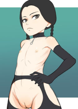 1girl 4066 black_choker black_eyes black_gloves black_hair black_thighhighs braid choker cleft_of_venus closed_mouth collarbone cowboy_shot elbow_gloves eyebrows female_focus flat_chest garter_belt garter_straps gloves groin hand_on_own_hip lingerie loli looking_at_viewer nipples nose nude pussy shiny_skin simple_background small_nipples solo standing the_addams_family thighhighs third-party_edit twin_braids uncensored underwear upper_body wednesday_addams