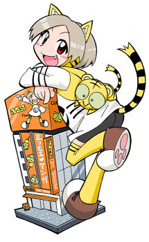 :> animal animal_ear_fluff animal_ear_hood animal_ears animal_on_back animal_print bike_shorts black_eyes black_outline black_tail blush_stickers bright_pupils brown_footwear building coco_(toranoana) collared_shirt colored_inner_hair colored_sclera crossed_arms cub detached_hood double_horizontal_stripe fake_animal_ears fang full_body giant green_sclera grey_shorts hood horizontal-striped_sleeves horizontal-striped_thighhighs kotora_(toranoana) leg_up light_brown_hair logo_print long_shirt long_sleeves looking_at_viewer mukku_(mook-tv) multicolored_hair official_art open_mouth outline parted_bangs paw_print paw_shoes print_shirt red_eyes second-party_source shirt short_hair shorts simple_background straight_hair striped_clothes striped_fur striped_shirt striped_sleeves striped_tail striped_thighhighs tail thighhighs tiger tiger_ears tiger_girl tiger_print tiger_tail tora_da_yo. toranoana translation_request triple_horizontal_stripe turtleneck turtleneck_shirt very_short_hair white_background white_pupils white_shirt white_sleeves wide_sleeves yellow_collar yellow_fur yellow_hood yellow_tail yellow_thighhighs