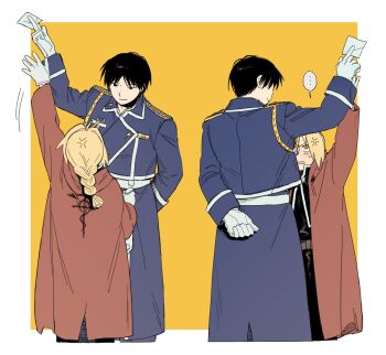 2boys anger_vein angry arm_behind_back arm_up belt black_eyes black_hair black_pants black_shirt blue_coat border brown_belt coat cropped_legs edward_elric fullmetal_alchemist gloves highres lapels long_sleeves looking_at_another looking_up ls182_520 male_focus multiple_boys multiple_views notched_lapels open_mouth pants parted_bangs red_coat roy_mustang shirt standing teasing white_border white_gloves white_trim