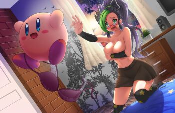 1girl black_hair black_skirt blush blush_stickers bra breasts cleavage clothes_theft colored_bangs covering_breasts covering_privates creature earrings green_eyes green_hair highres holding holding_bra holding_underwear holding_unworn_clothes indoors jewelry kirby kirby_(series) large_breasts leaf looking_over_eyewear multicolored_hair nintendo oppaihobby original outstretched_arm phayla_(mr_december206) plant ponytail print_legwear purple_bra rectangular_eyewear red-framed_eyewear running_bond second-party_source semi-rimless_eyewear skirt speaker star_(symbol) star_print stealing_clothes theft thighhighs topless_female two-tone_hair under-rim_eyewear underwear underwear_theft unworn_bra window wooden_floor