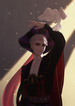 1boy absurdres arm_up bell bird closed_mouth commentary_request dove hat highres long_sleeves male_focus rollo_flamme roro_(haru_roro2) short_hair sidelighting solo tricorne twisted_wonderland twitter_username upper_body white_bird white_hair