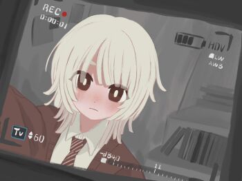 1boy aconmonis_st battery_indicator blush bright_pupils brown_cardigan brown_eyes brown_necktie cardigan collared_shirt commentary_request dress_shirt expressionless highres male_focus monochrome_background necktie recording saihate_eki selfie shirt short_hair solo tatsunami_shion user_interface white_hair white_shirt