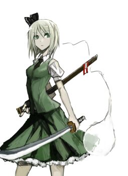 Rule 34 | 1girl, female focus, ghost, glaring, gomu (chewinggom), green eyes, hairband, hitodama, katana, konpaku youmu, konpaku youmu (ghost), necktie, scabbard, sheath, short hair, silver hair, simple background, sketch, skirt, solo, sword, touhou, weapon