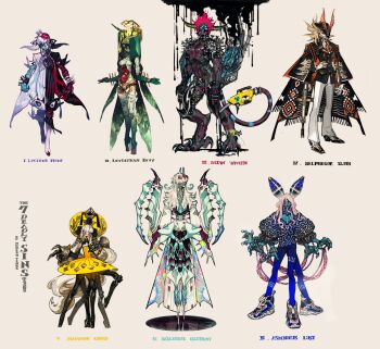 2girls 5boys :d absurdres barefoot black_cloak black_headwear black_jacket black_panties black_skin blue_eyes blue_neckwear blue_pants blue_skin blunt_bangs boots bracelet butterfly_wings buttons cape claws cleavage_cutout cloak clothing_cutout colored_sclera colored_skin covered_eyes cross crown detached_legs double-breasted dress extra_eyes extra_legs eyeshadow fang fangs fingernails floating full_body gas_pump_nozzle gradient_background green_eyes green_skin grey_hair grin hair_between_eyes hair_over_eyes hand_on_own_hip hat hat_feather heart heart_cutout heterochromia high_heel_boots high_heels highres horns insect_wings inverted_cross jacket jewelry latin_cross long_fingernails long_hair long_sleeves looking_at_viewer makeup male_focus monster multicolored_hair multiple_boys multiple_girls nail_(hardware) necktie no_feet open_mouth original oversized_forearms oversized_limbs panties pants pigeon666 pink_hair pink_sclera praying_mantis prehensile_tail purple_eyes red_eyes red_hair seven_deadly_sins simple_background skin_fang smile spikes standing stethoscope stitches tail talons third_eye tricorne underwear very_long_hair white_background white_hair white_jacket white_pants white_skin wide-eyed wings yellow_dress