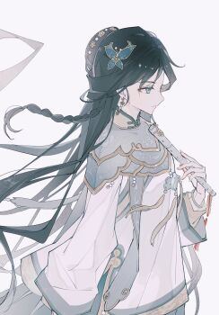 1girl absurdres black_hair braid butterfly_hair_ornament chinese_clothes clothing_request earrings expressionless eyeshadow fingernails floating_hair flute grey_eyes hair_ornament half_up_bun highres holding holding_flute holding_instrument identity_v instrument jewelry makeup mole mole_on_nose profile qi_shiyi qi_shiyi_(bai_ze) red_eyeshadow sharp_fingernails side_braid solo upper_body white_background wide_sleeves yue_(shemika98425261)