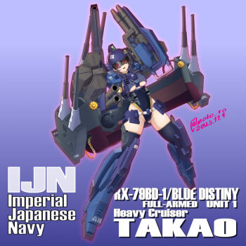 adapted_turret armor assault_visor belt black_leotard black_thighhighs blue_background blue_destiny_01 boots breasts cleavage_cutout clothing_cutout commentary_request commission dated earth_federation energy_cannon energy_gun full_armor_gundam full_body gradient_background gundam gundam_side_story:_the_blue_destiny helmet kantai_collection large_breasts leotard looking_at_viewer machinery mecha_musume moke_ro pixiv_commission red_visor rigging shield short_sleeves solo takao_(kancolle) thighhighs twitter_username weapon