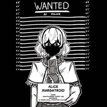1girl absurdres alice_margatroid capelet character_name facing_viewer frilled_capelet frills greyscale hairband hayoibu height_chart height_mark highres holding holding_sign long_hair looking_at_viewer monochrome mugshot shaded_face short_hair sign solo touhou upper_body