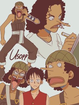 Rule 34 | 2boys, black hair, commentary, goggles, highres, holding, holding pen, long nose, male focus, monkey d. luffy, multiple boys, one piece, only op2024, open mouth, pen, red shirt, sash, sharp teeth, shirt, simple background, sleeveless, symbol-only commentary, teeth, usopp, white background, white sash, white shirt, wristband