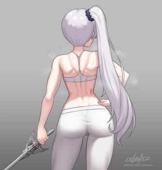 Rule 34 | artist name, ass, back muscles, bare arms, bare shoulders, breath, cslucaris, flat ass, from behind, grey background, hair tie, hand on own hip, highres, holding, holding weapon, pants, rwby, scar, scar on back, scar on chest, weapon, weiss schnee, white hair, white pants, workout clothes