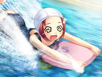 Rule 34 | 1girl, 2000s (style), @ @, ass, blue one-piece swimsuit, blush, fumizuki yukari, game asset, hair ornament, hairclip, hara hara!!, holding kickboard, kickboard, motion lines, no eyewear, non-web source, one-piece swimsuit, open mouth, partially submerged, pool, rabbit hair ornament, raised inner eyebrows, red hair, school swimsuit, self-datamine, sena mirai (hara hara!!), shouting, solo, speed lines, splashing, split screen, swim cap, swimming, swimsuit, tears, variant set, visual novel cg, water