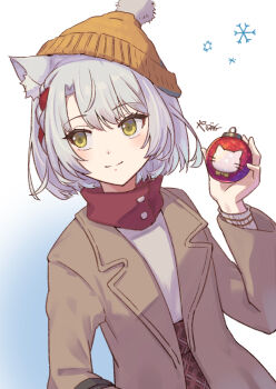 1girl animal_ears blush brown_coat brown_skirt cat_ears cat_girl christmas coat commentary_request eyelashes green_eyes grey_background grey_shirt hat high-waist_skirt highres mio_(xenoblade) orange_hat shirt signature simple_background skirt solo upper_body xenoblade_chronicles_(series) xenoblade_chronicles_3 yanagimachi