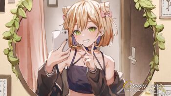 1girl bare_shoulders black_jacket black_nails black_tank_top blonde_hair bow cellphone choker commentary_request commission cone_hair_bun crop_top double_bun green_eyes hair_bow hair_bun heart heart_o-ring highres holding holding_phone jacket medium_hair mirror o-ring o-ring_choker off_shoulder original phone pink_bow selfie skeb_commission smartphone smile solo tank_top teeth unacha upper_body v