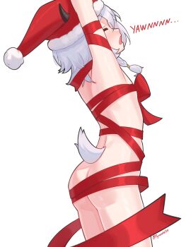 1boy absurdres arms_up ass braid closed_eyes commentary english_commentary english_text hat highres horns original pyruvate ribbon ribbon_as_bra santa_hat signature stretching tail trap white_background white_hair wrapped yawning