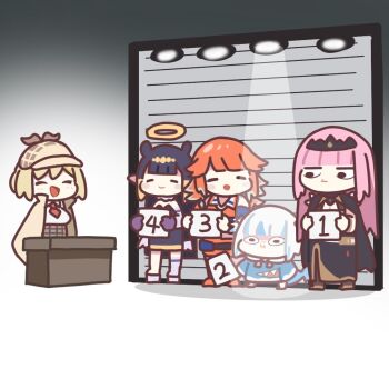 5girls black_dress blonde_hair blue_hair blunt_bangs detached_sleeves dress fins fish_tail gawr_gura gawr_gura_(1st_costume) gradient_hair grey_hair hair_ornament hat hololive hololive_english lineup long_hair long_sleeves mori_calliope mori_calliope_(1st_costume) multicolored_hair multiple_girls necktie ninomae_ina&#039;nis ninomae_ina&#039;nis_(1st_costume) open_mouth orange_hair pink_hair plaid_clothes pointy_ears purple_hair red_necktie shark_girl shark_tail shirt skirt spikes streaked_hair tail takanashi_kiara takanashi_kiara_(1st_costume) takeru_(hashiru11275) tentacle_hair tiara very_long_hair virtual_youtuber watson_amelia watson_amelia_(1st_costume) white_shirt