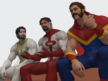 3boys bara beard black_hair brown_hair can closed_mouth commentary crushed_can english_commentary facial_hair highres holding holding_can laoyanzi looking_at_another looking_to_the_side male_focus megamind_(movie) messy_hair metro_man multiple_boys muscular muscular_male omni-man open_mouth phenomaman sitting superhero_costume sweatdrop white_background white_hair