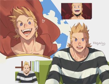 1boy addy_(@vegeebs) anime_screenshot_inset blonde_hair blue_eyes boku_no_hero_academia bright_pupils cape collarbone commentary derivative_work english_commentary highres looking_at_viewer male_focus multiple_views open_mouth red_cape screenshot_redraw shirt short_hair smile striped_clothes striped_shirt togata_mirio upper_body v-shaped_eyebrows white_pupils