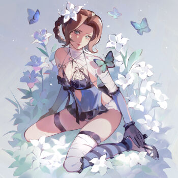 1girl aerith_gainsborough aerith_gainsborough_(garb_of_the_possessed) bandaged_arm bandaged_leg bandaged_neck bandages black_gloves black_shoes blue_butterfly blue_negligee blue_sleeves braid braided_hair_rings breasts brown_hair bug butterfly cleavage closed_mouth cosplay final_fantasy final_fantasy_vii final_fantasy_vii:_ever_crisis flower full_body gloves green_eyes grey_background hair_flower hair_ornament hair_rings insect kaine_(nier) kaine_(nier)_(cosplay) kneeling lingerie long_hair looking_at_viewer medium_breasts negligee official_alternate_costume official_alternate_hairstyle panties parted_bangs shoes single_bare_shoulder skindentation solo thigh_strap thighs underwear white_flower white_panties yubuki_i