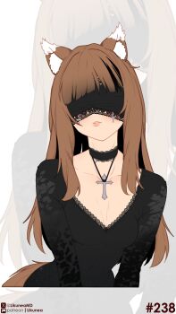 1girl 2b_(nier:automata) 2b_(nier:automata)_(cosplay) absurdres animal_ear_fluff animal_ears black_choker black_dress blindfold blunt_bangs blush breasts brown_hair choker cleavage cleavage_cutout clothing_cutout collarbone commentary cosplay cross dress english_commentary highres holo likunea long_hair nier:automata nier_(series) patreon_logo patreon_username sidelocks simple_background small_breasts solo solo_focus spice_and_wolf tail twitter_username twitter_x_logo wolf_ears wolf_girl wolf_tail zoom_layer